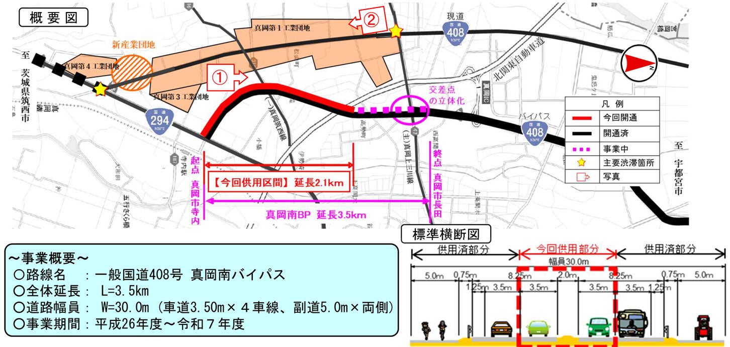 「真岡南バイパス」4車線区間。