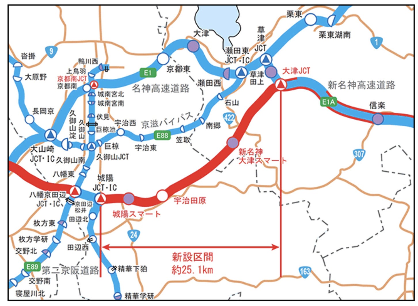 新名神高速「大津JCT～城陽JCT・IC」の概要。