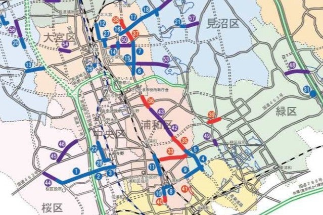 JR京浜東北線東側の南北道路が産業道路。さいたま市内ではほぼ全区間にわたって改良整備対象となっている。