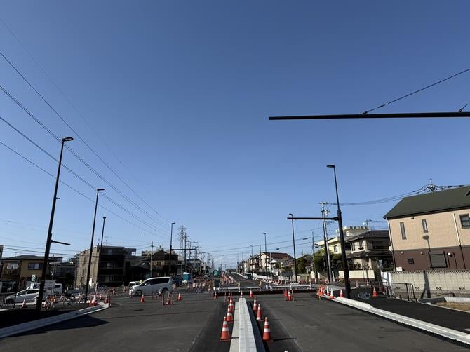産業道路「天沼工区」の事業中区間(北側)整備状況(令和7年4月時点)。
