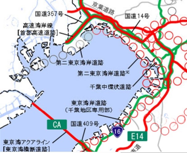 東京側は「第二東京湾岸道路」という名称で構想されている。千葉側では「新湾岸道路」として計画進行中。