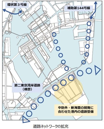 東京都の長期構想に明記された第二東京湾岸道路と取り付け道路の計画。
