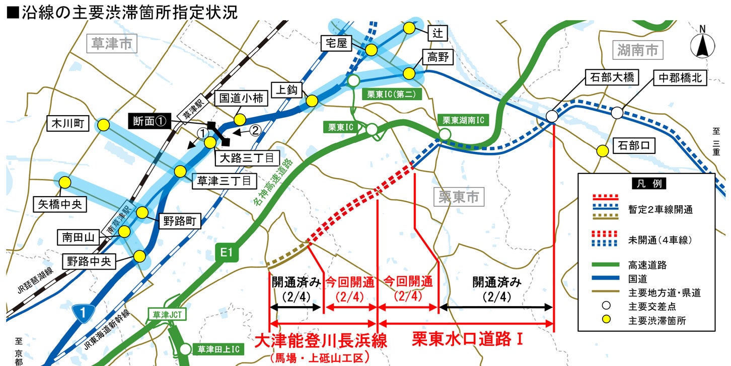 栗東水口道路Ⅰと大津能登川長浜線（馬場・上砥山工区）の概要図。