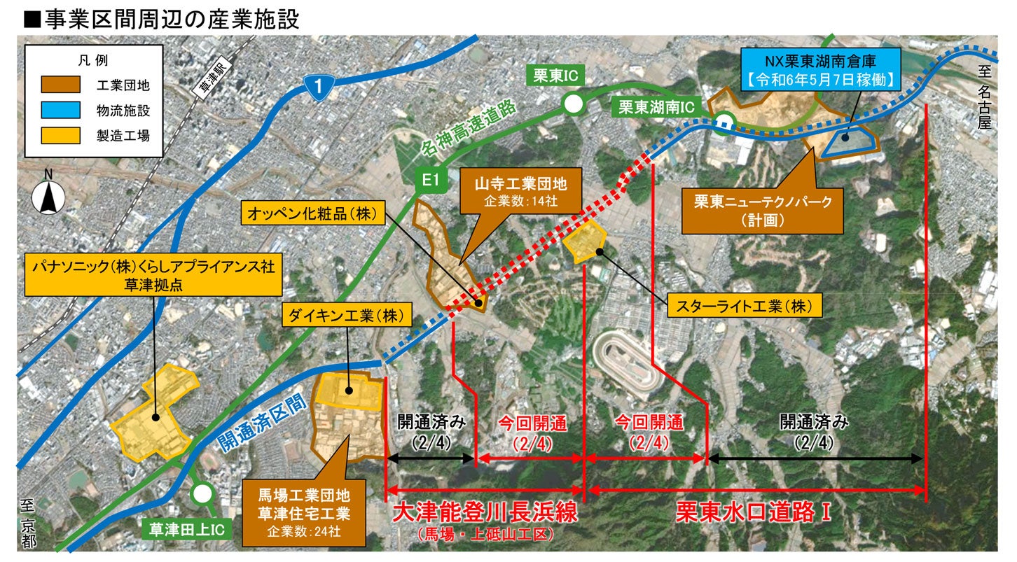 栗東水口道路Ⅰと大津能登川長浜線（馬場・上砥山工区）の周辺施設。