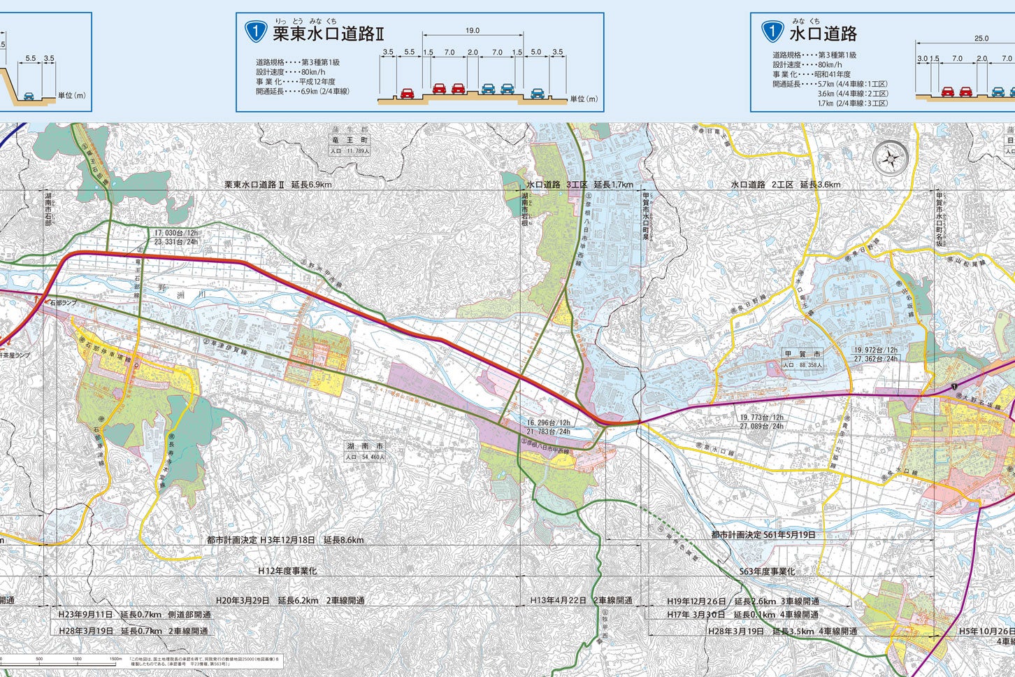 栗東水口道路と水口道路の事業概要。