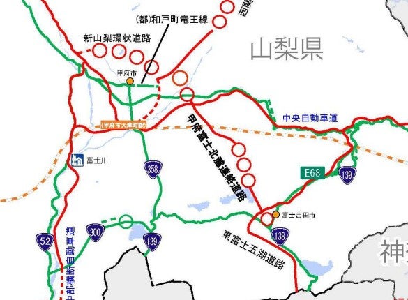 「甲府富士北麓連絡道路」の概要。
