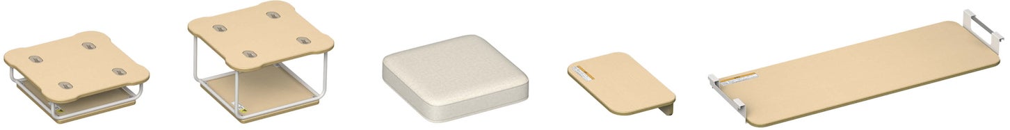 左からベースモジュール(6万9300円)、ベースモジュール ラージ(7万2600円)、クッションモジュール(2万900円)、サイドテーブル(3万1900円)、ワークテーブル(4万4000円) ※すべて税込み価格