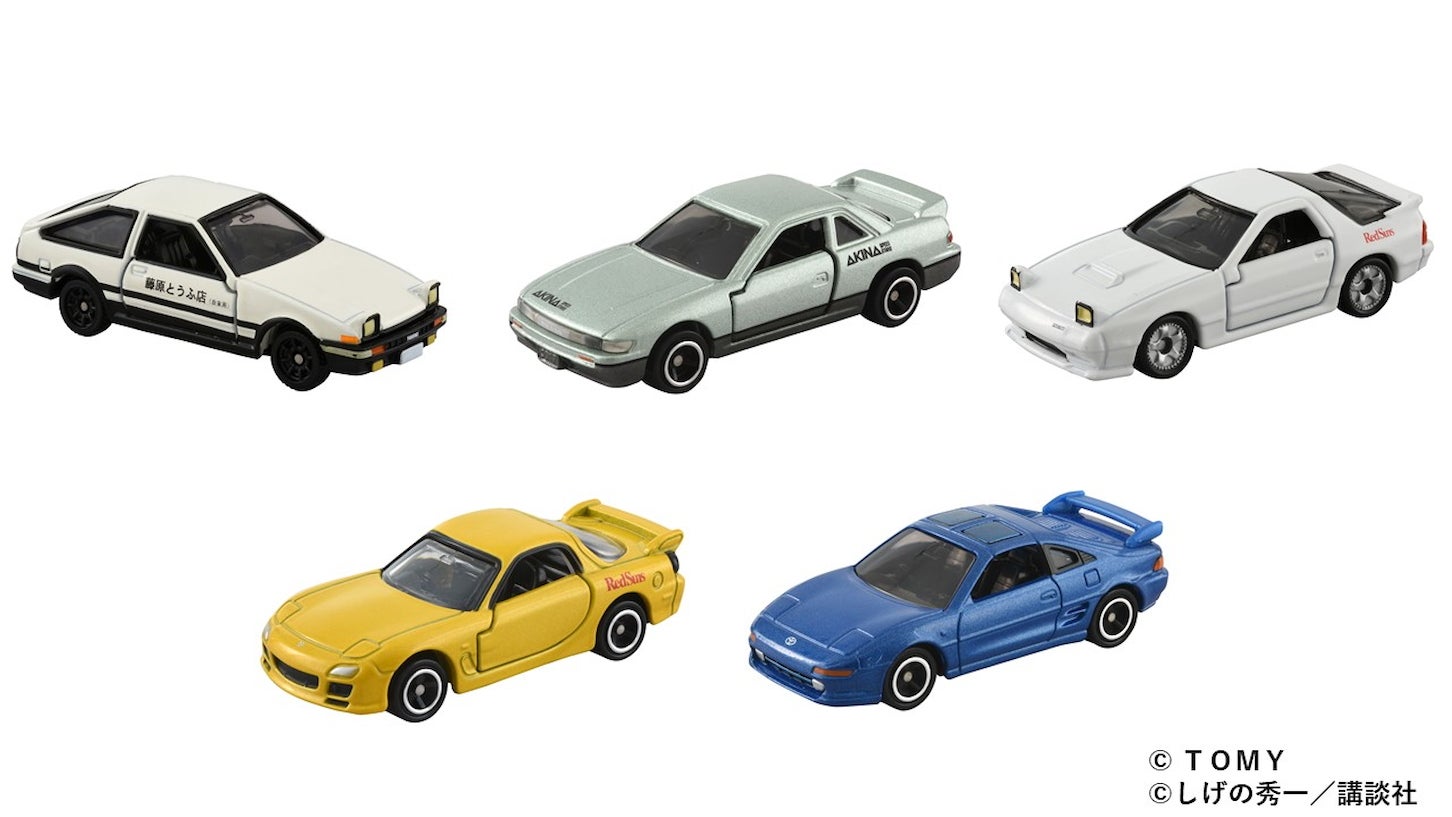DREAM TOMICA Initial D SPECIAL SETの内容。上段左からAE86 トレノ、S13 シルビア、FC3S RX-7、下段左からFD3S RX-7、トヨタ MR2 SW20。