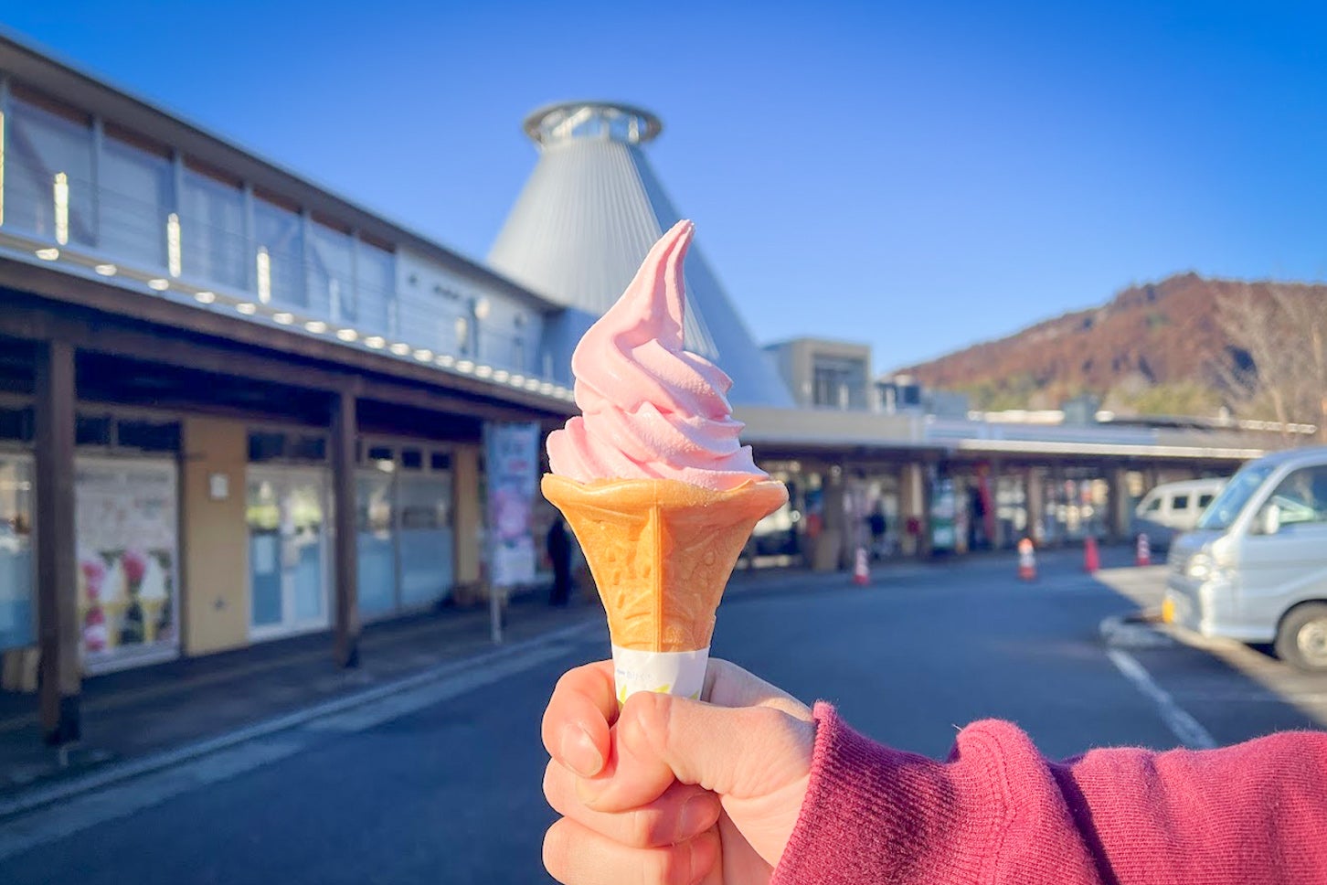 道の駅 はなわの軽食コーナー「万年豊作」名物のダリアソフトクリームは、花の風味が口の中いっぱいに広がる上品な味わいです。バニラとダリアのミックス味も人気です。