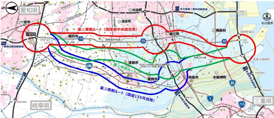 当初想定されていた「一宮西港道路」の3つのルート案。