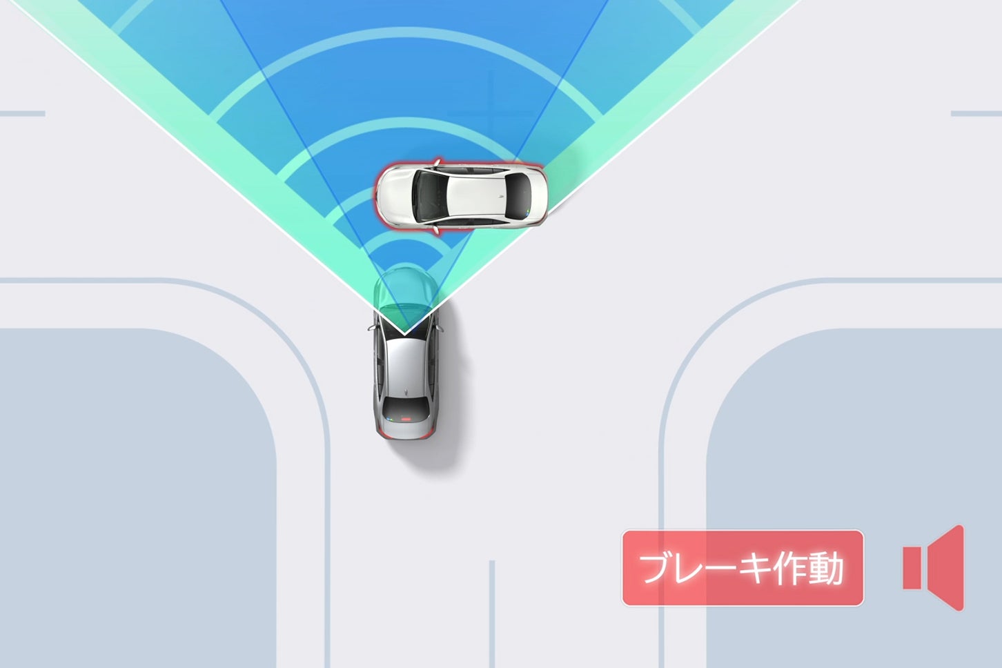 トヨタ・アクア｜プリクラッシュセーフティ ： 「交差点」出会い頭時の車両・自動二輪車検知機能（作動イメージ）