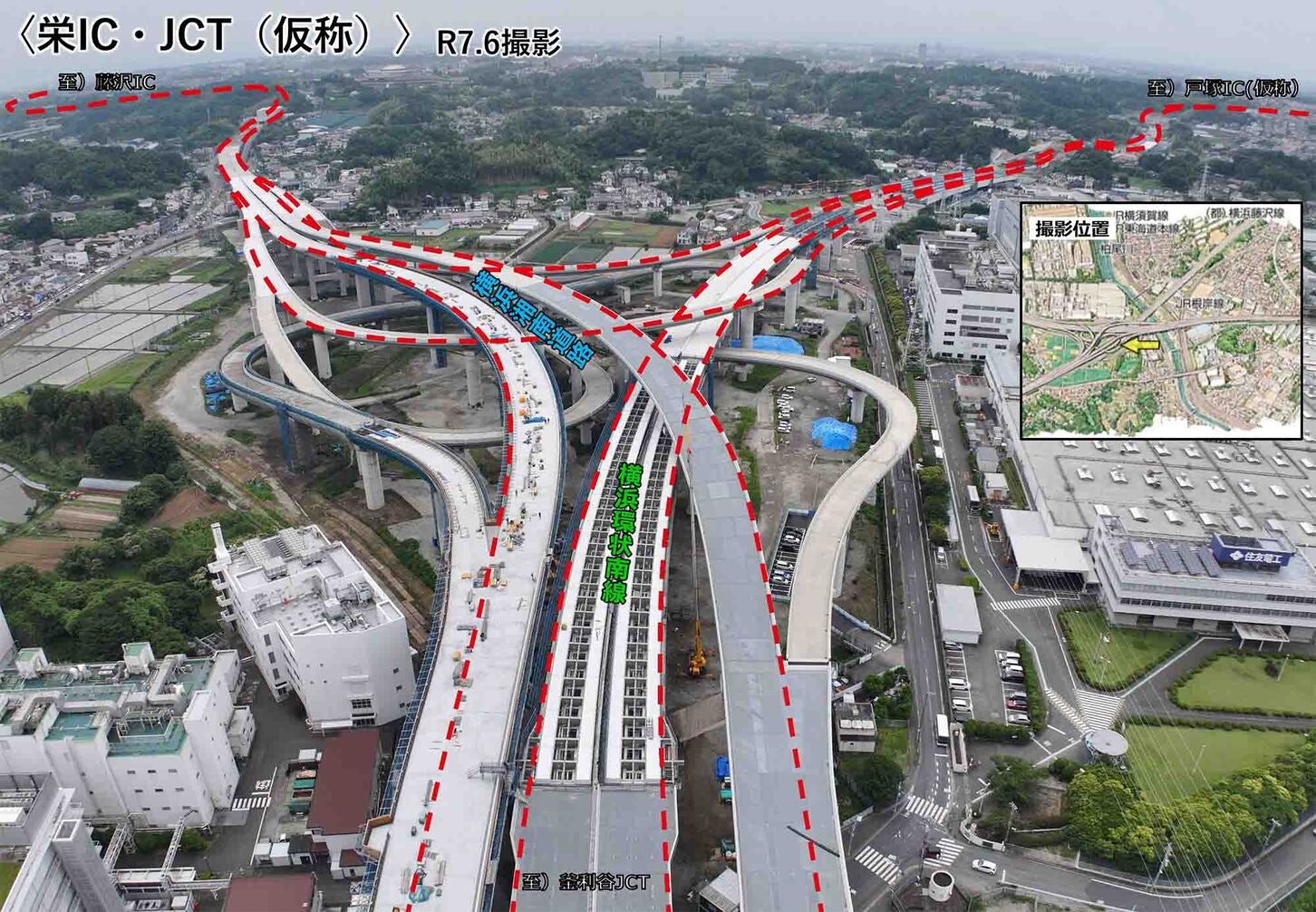 横浜環状南線 栄IC・JCTの工事状況。2025年6月撮影。