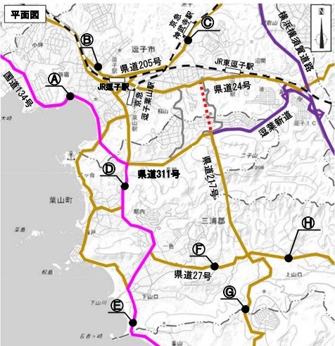 三浦半島中央道路の桜山・長柄区間による短縮効果。