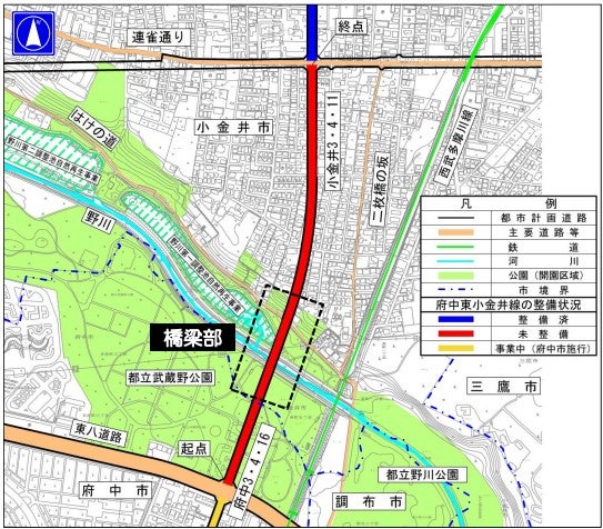 府中東小金井線の野川工区の概要。