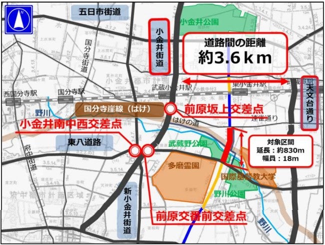 小金井市と府中市をつなぐ南北道路は、約4kmにわたって空白となっている。