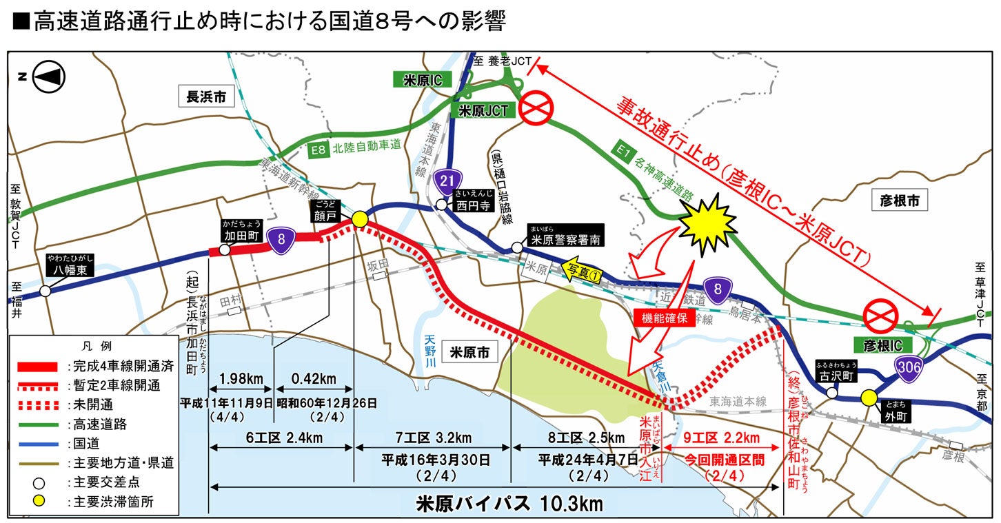 高速道路通行止め時における国道8号への影響。