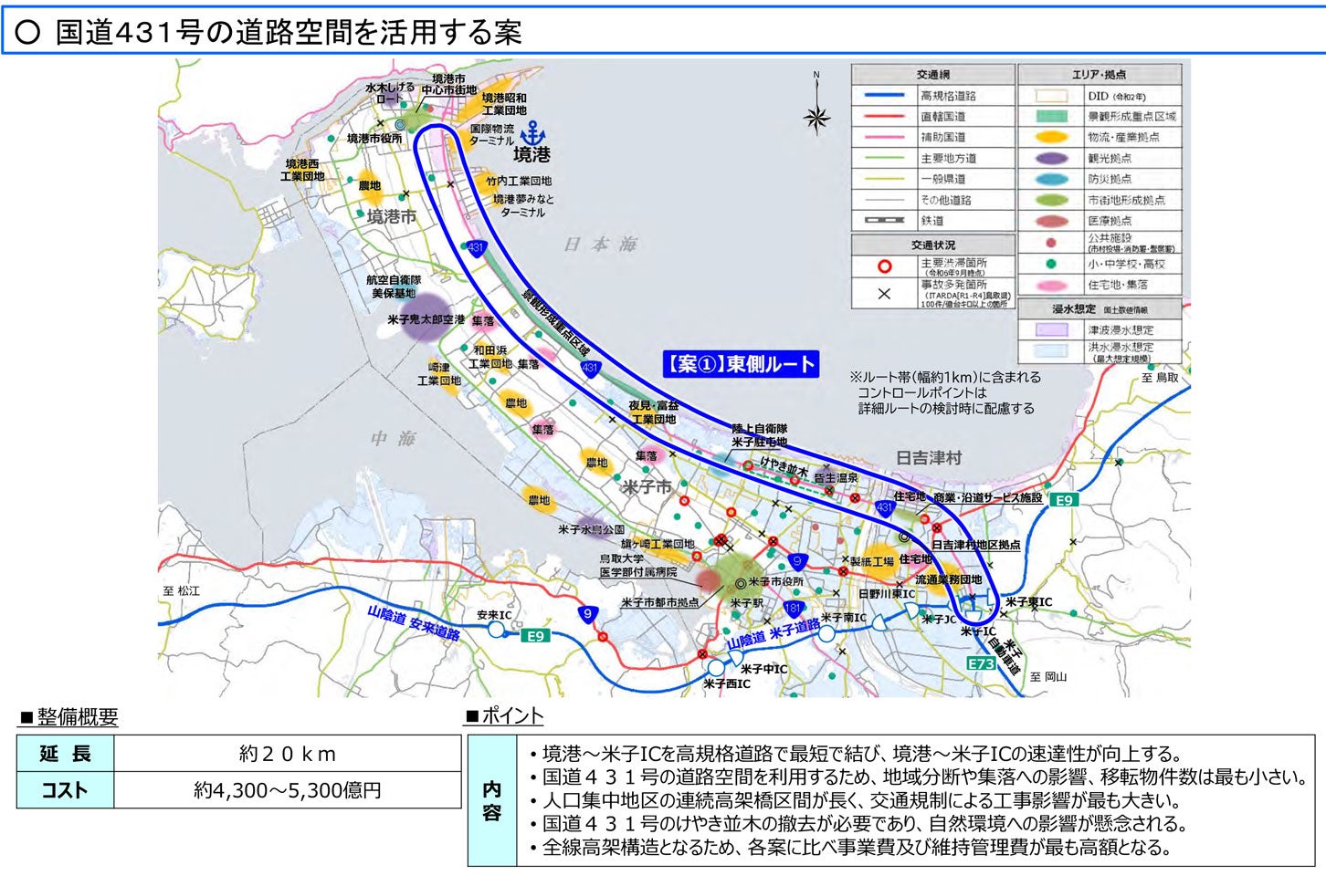【東側ルート】国道431号の道路空間を活用する案。