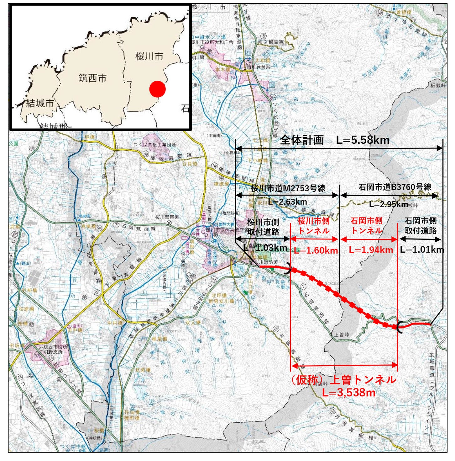 上曽トンネルの位置図。
