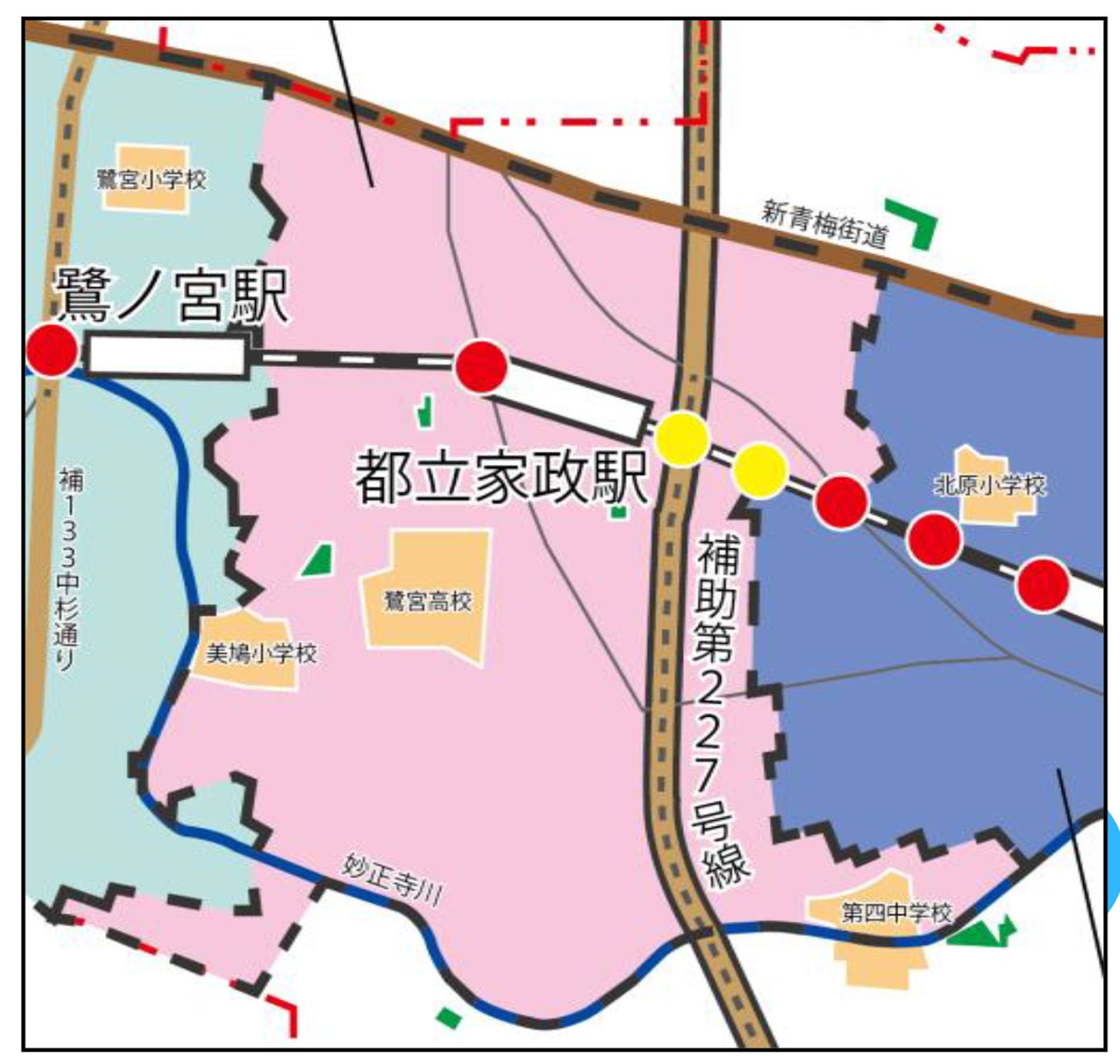 都立家政駅の周辺地区の様子。