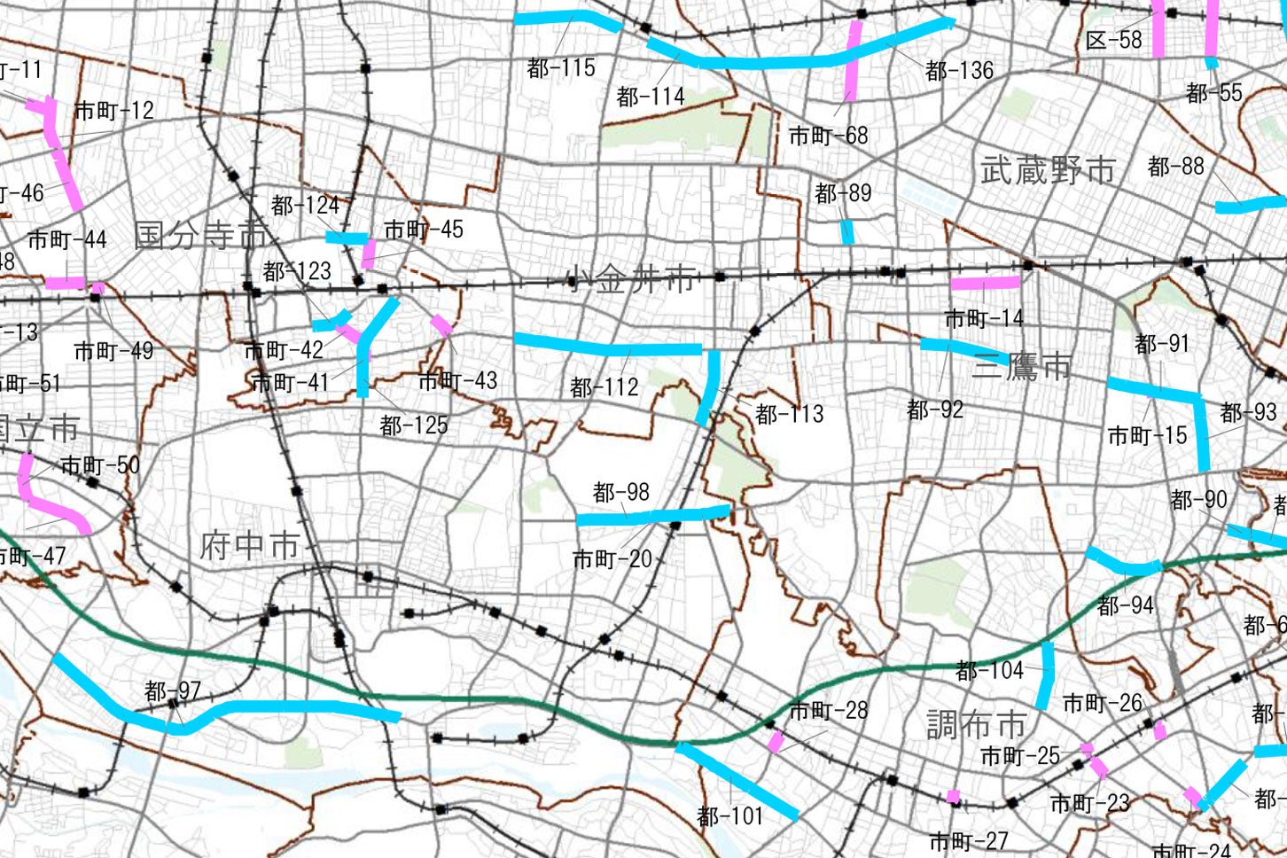 都-113と示されているのが府中東小金井線。