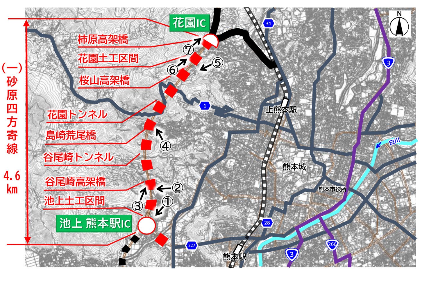 熊本西環状道路（池上工区）の工事進捗状況。