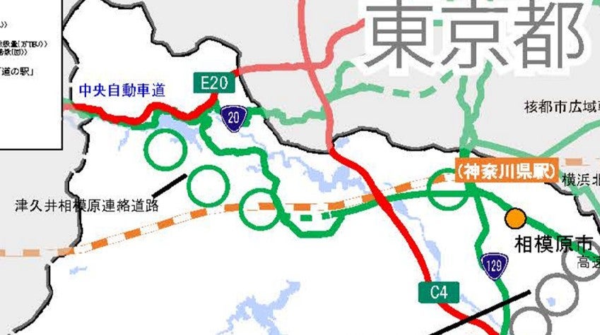 将来は中央道相模湖ICへつながる予定の津久井相模原連絡道路
