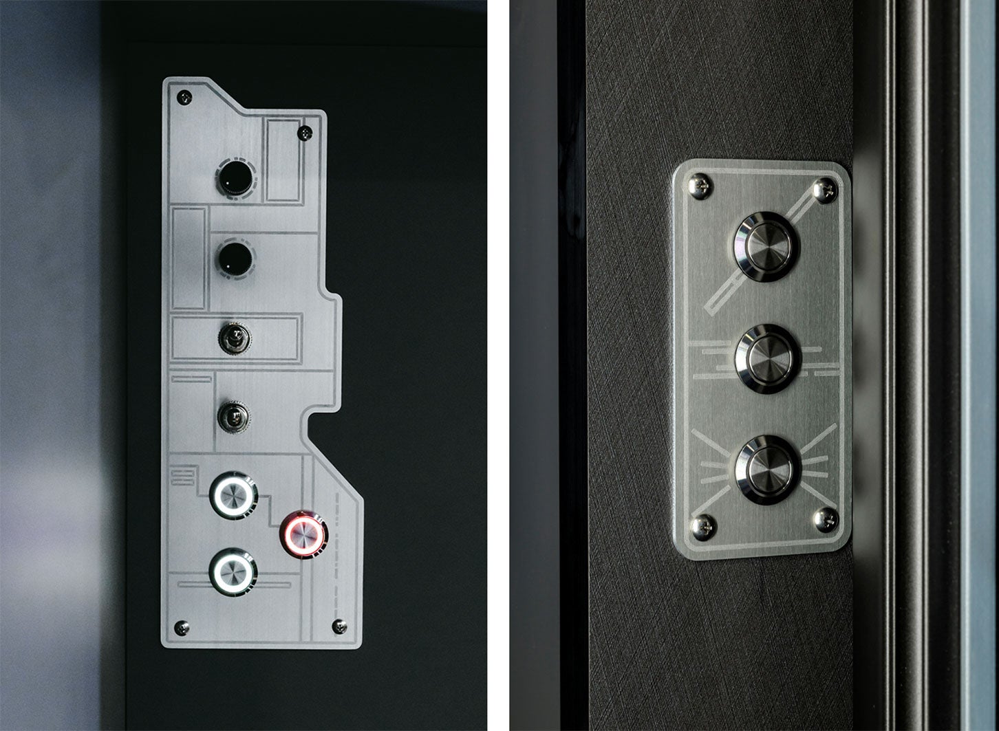 左:車内照明の操作パネル 右:窓際に設置されたSE音響のボタン