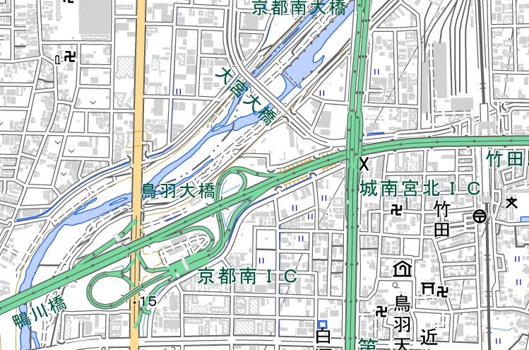 名神高速と第二京阪は交差しているが乗り換えができない（国土地理院地図より）。