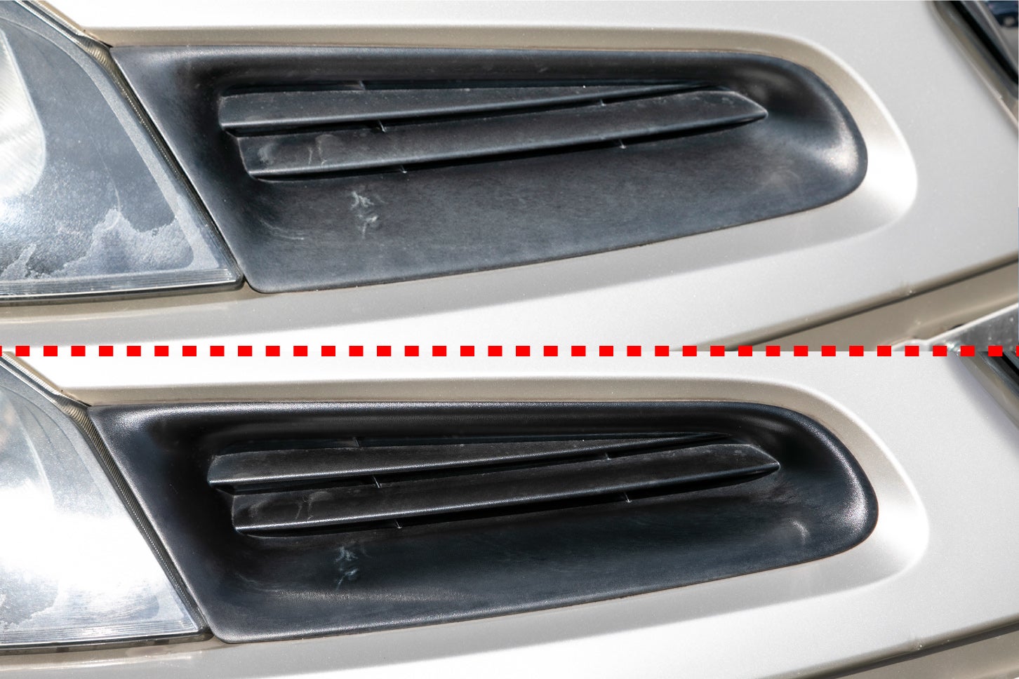 写真上から、白化してしまった未塗装樹脂パーツと、施工後の未塗装樹脂パーツです。