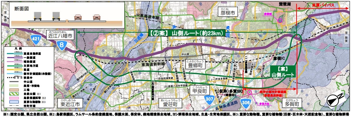 国道8号の彦根～東近江バイパスの概要（右が北）。
