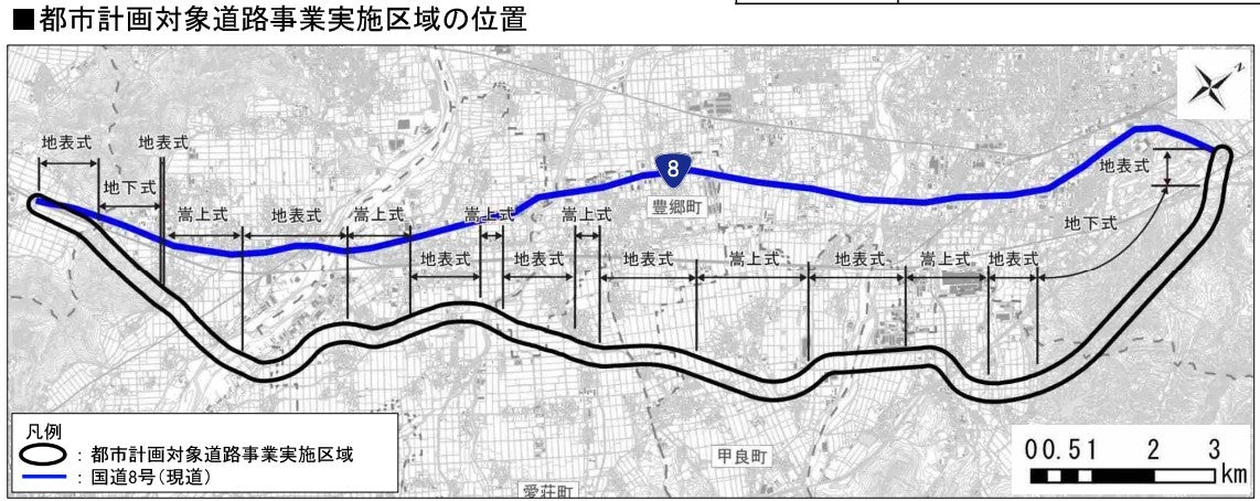 国道8号の彦根～東近江バイパスの概要（右が北）。