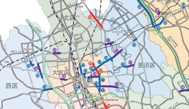 「さいたま市道路整備計画」で事業対象が多数指定されている東西軸が、さいたま春日部線。