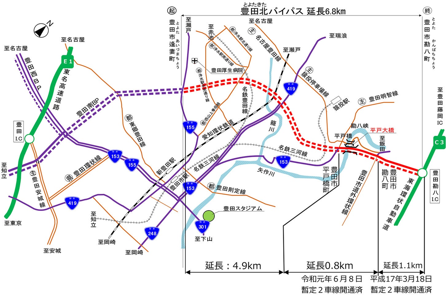 豊田北バイパスの概要図。