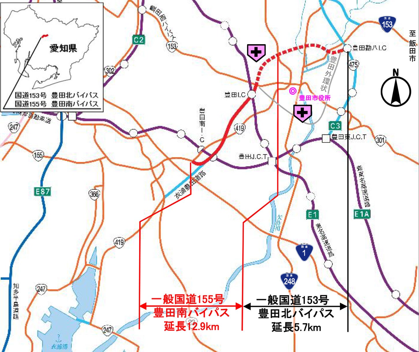 豊田南バイパスの位置図。