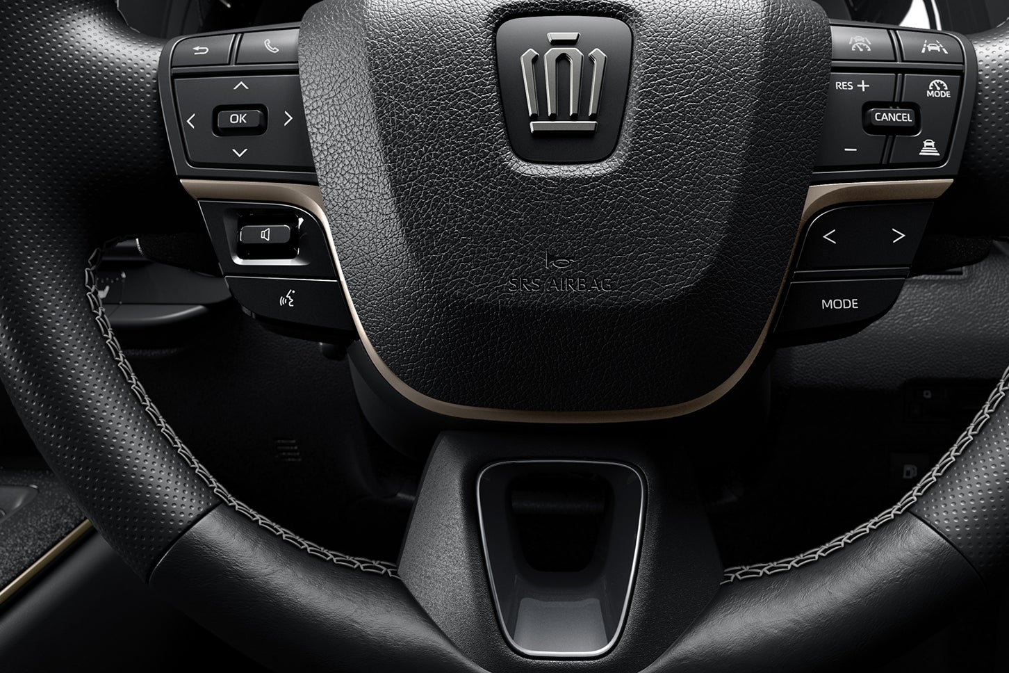 トヨタ・クラウン エステートRS“THE 70th”｜3本スポークステアリングホイール（ステアリングスイッチ周辺［ウォームスティール］＋スポーク［ダークグレーメタル］＋ステッチ［ライトグレー／かがり縫い］＋ディンプル加工本革巻き）＋ステアリングヒータータッチセンサー付