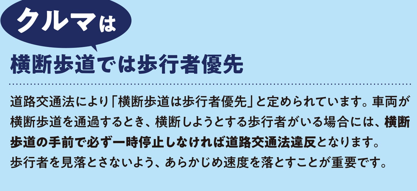 横断歩行者を見かけた際、一時停止しないと道交法違反になるおそれがある。