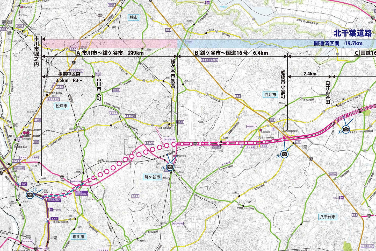 北千葉道路の計画路線図。