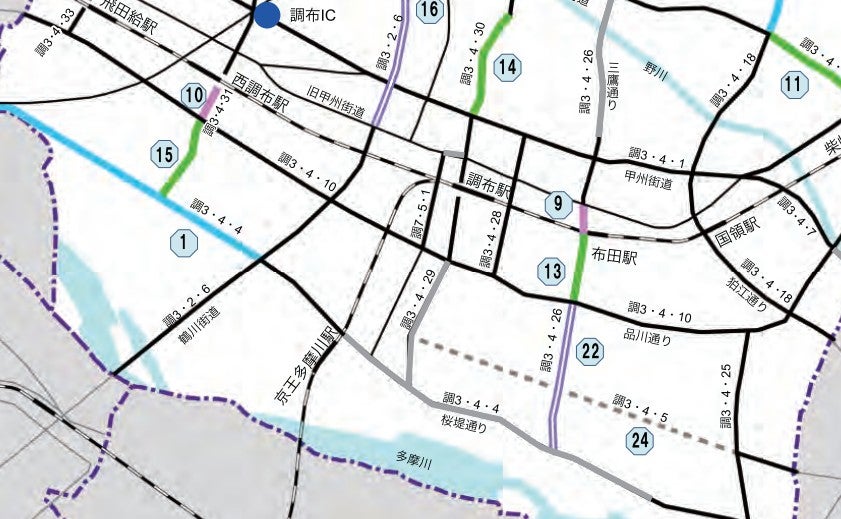 都市計画道路3・4・3号「狛江国立線」の概要。