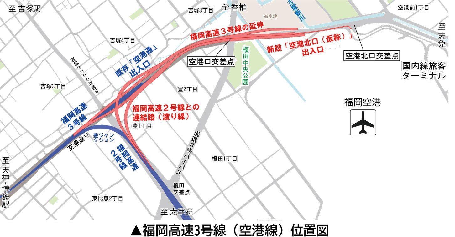 福岡高速3号線（空港線）の路線図。