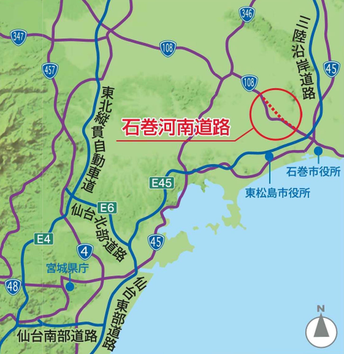 石巻河南道路の位置図。