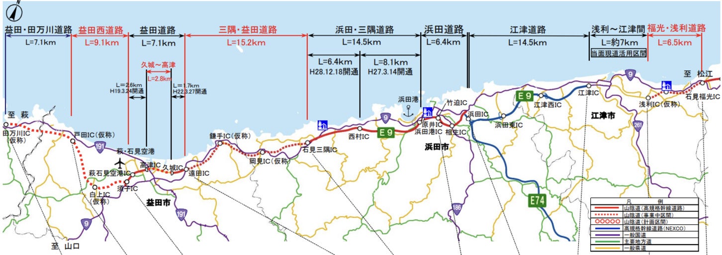 山陰道の島根県区間の整備状況。