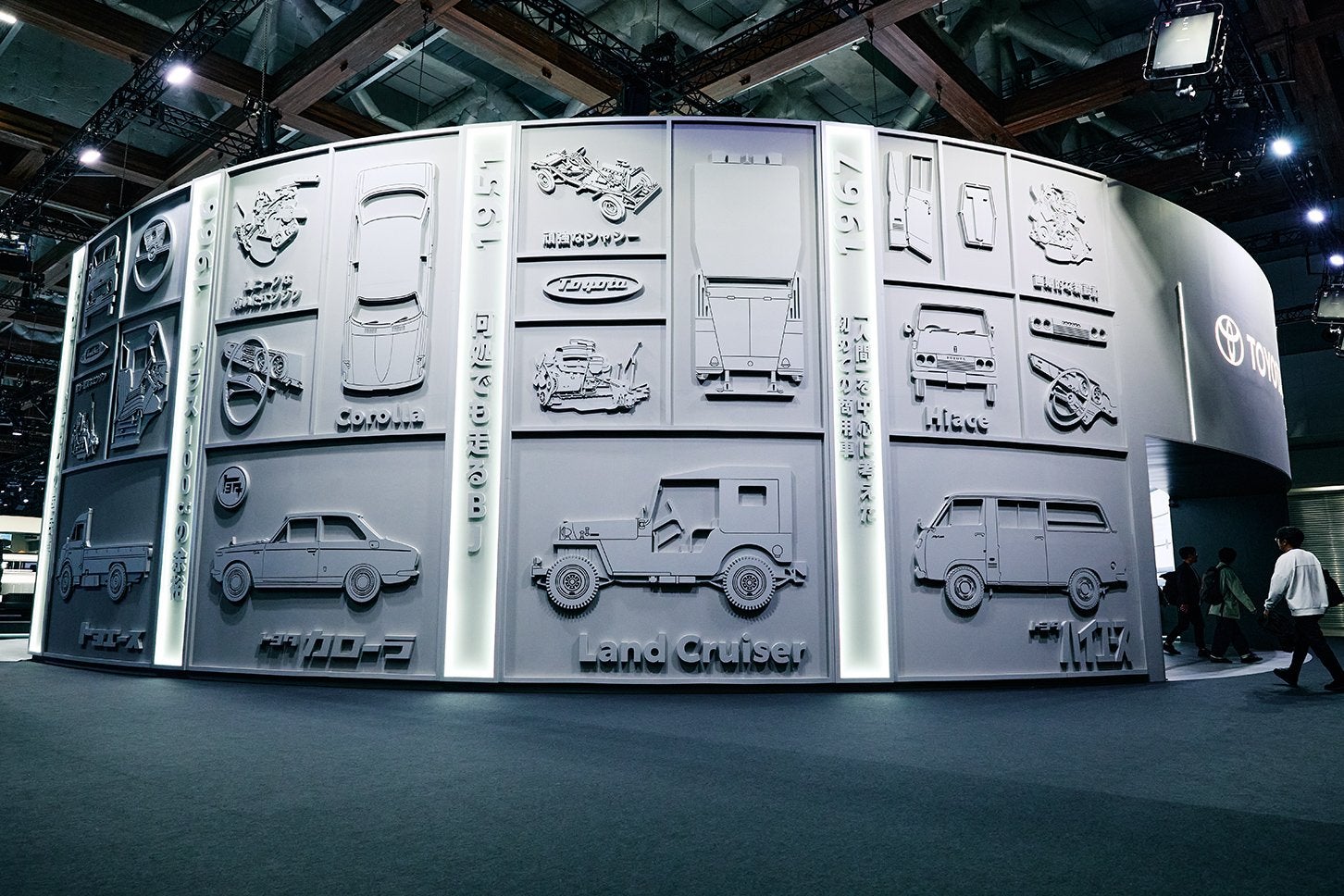 歴代トヨタ車のレリーフが、ブースの壁面に採用されていた。ニクい演出だ。