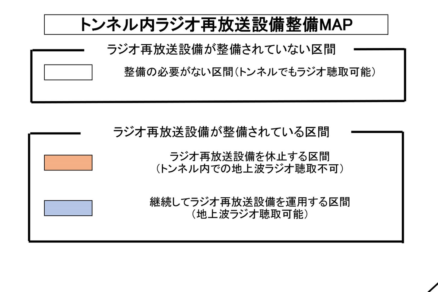 トンネル内ラジオ再放送設備マップ。オレンジ色の区間で設備が休止される。