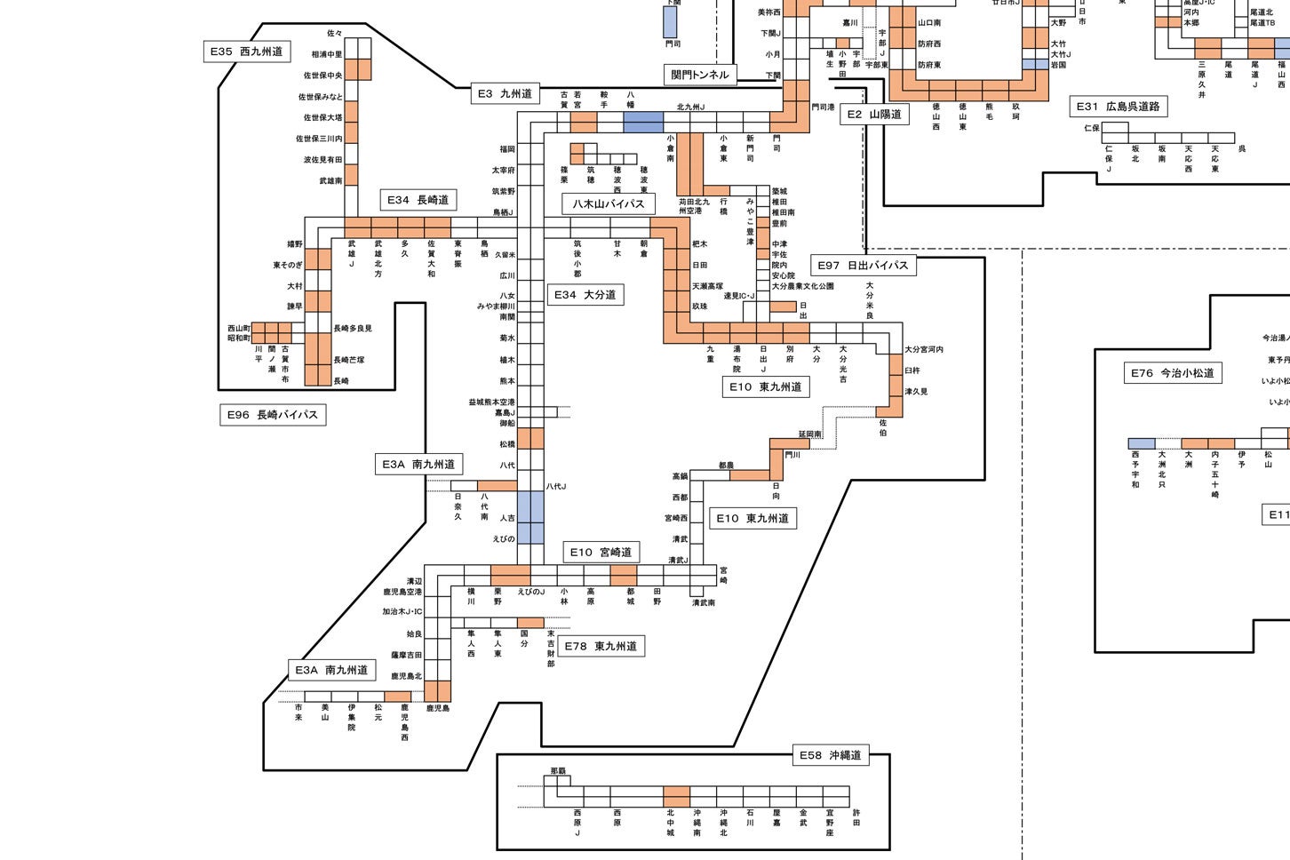 トンネル内ラジオ再放送設備マップ。オレンジ色の区間で設備が休止される。