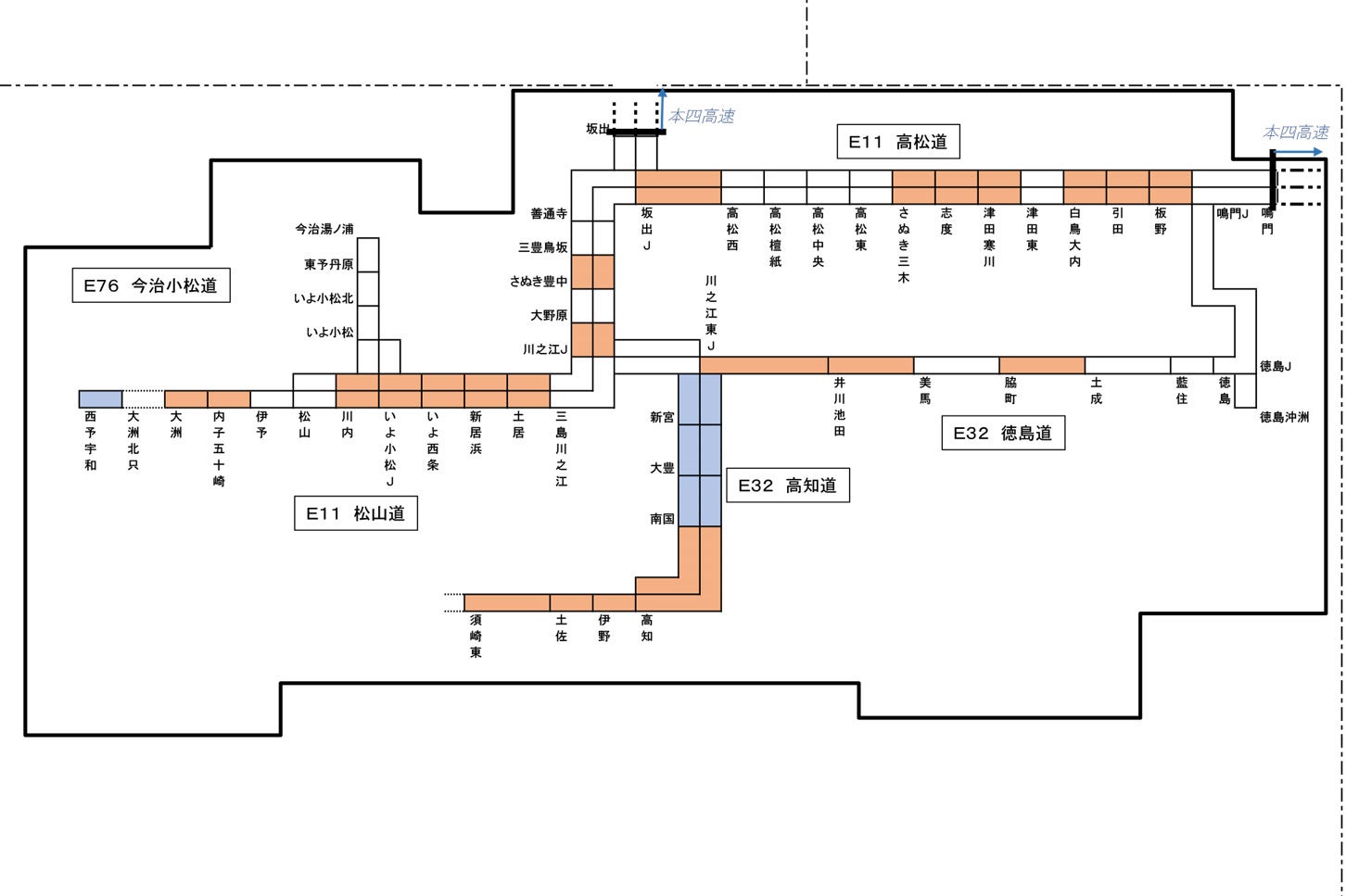 トンネル内ラジオ再放送設備マップ。オレンジ色の区間で設備が休止される。