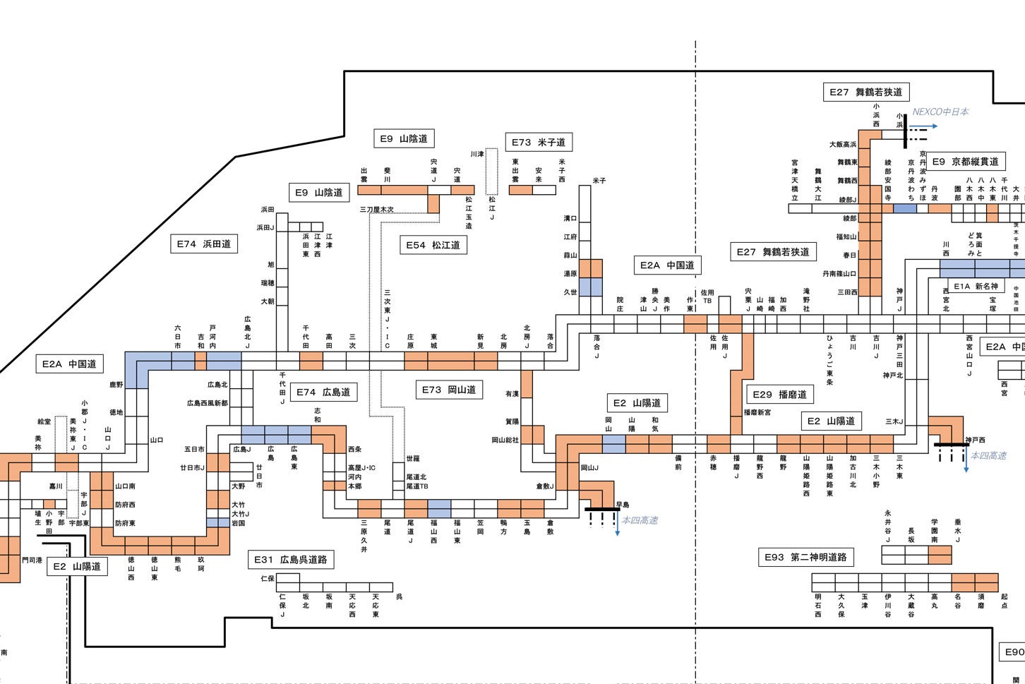 トンネル内ラジオ再放送設備マップ。オレンジ色の区間で設備が休止される。