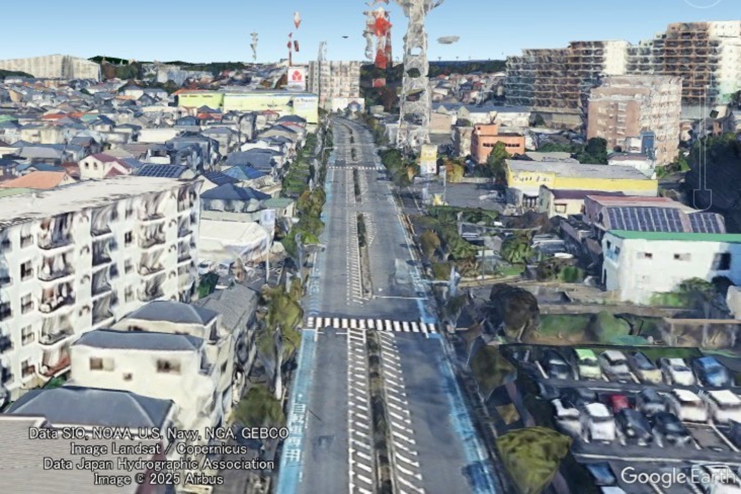 船橋市の都市計画道路「南本町馬込町線」の開通済み区間。（Google Earthより）