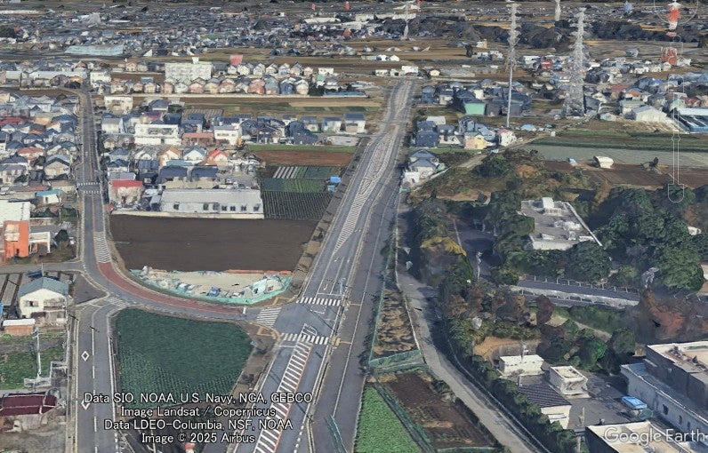 船橋市の都市計画道路「南本町馬込町線」の開通済み区間。（Google Earthより）