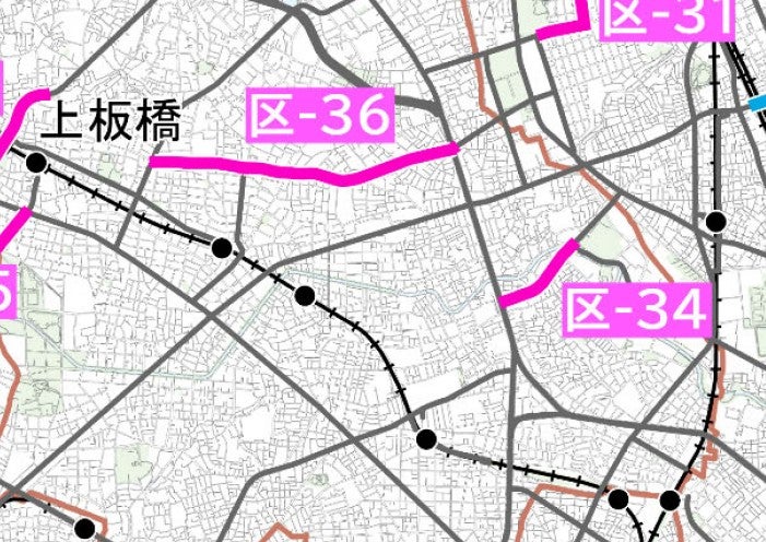 「第五次事業化計画」で新たに優先整備路線に追加された「補助第240号線」（区ー36）、「補助第87号線」（区ー34）。