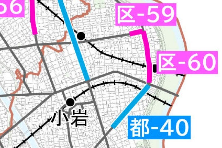 「第五次事業化計画」で新たに優先整備路線に追加された「補助第264・283号線」（区ー59・60）。